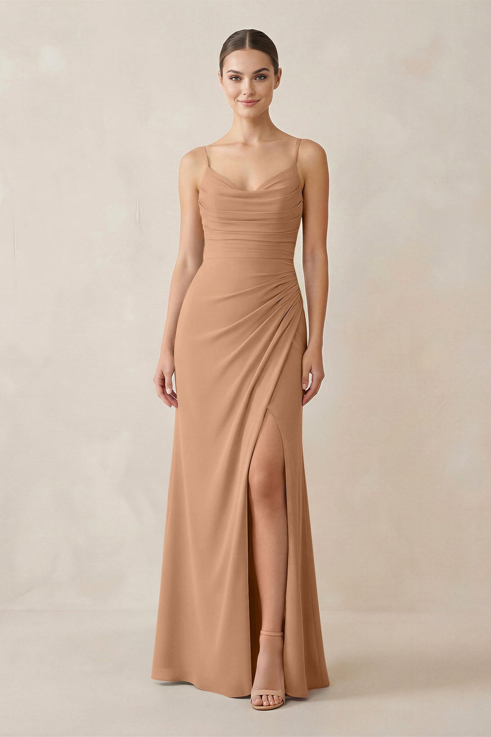 Ruched Sheath Spaghetti Strap Chiffon Bridesmaid Dress in Bronzer - KissProm Bridesmaid Dresses