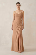Ruched Sheath Spaghetti Strap Chiffon Bridesmaid Dress in Bronzer - KissProm Bridesmaid Dresses