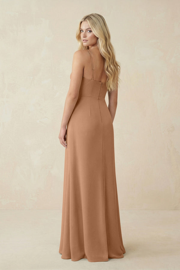 Ruched Sheath Spaghetti Strap Chiffon Bridesmaid Dress in Bronzer - KissProm BRIDESMAID DRESSES