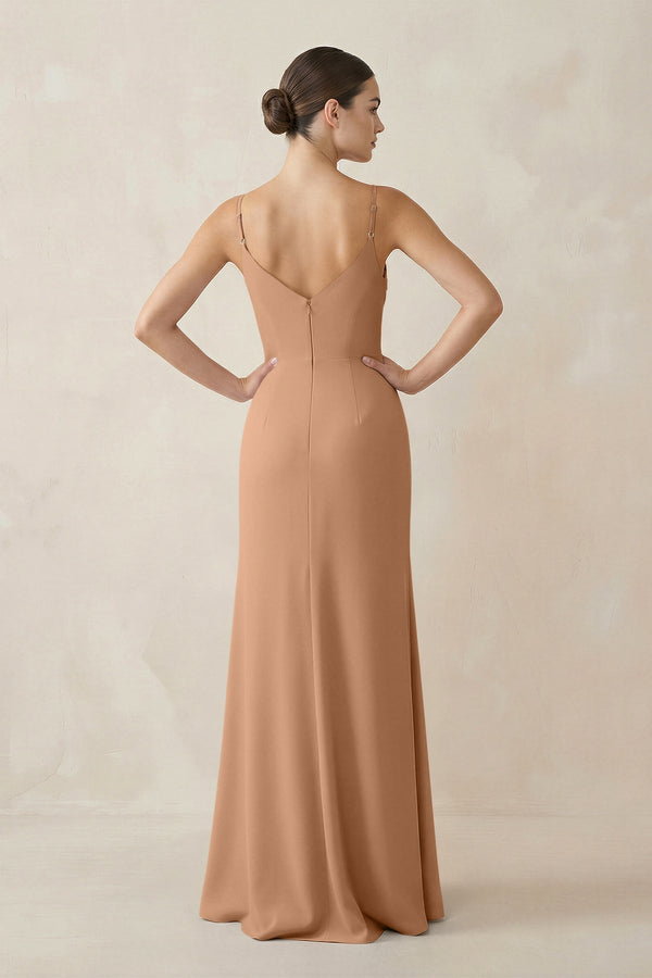 Ruched Sheath Spaghetti Strap Chiffon Bridesmaid Dress in Bronzer - KissProm Bridesmaid Dresses