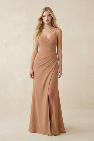 Ruched Sheath Spaghetti Strap Chiffon Bridesmaid Dress in Bronzer - KissProm BRIDESMAID DRESSES