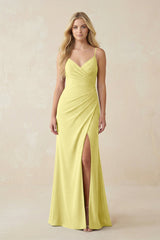 Ruched Sheath Spaghetti Strap Chiffon Bridesmaid Dress in Buttercup - KissProm BRIDESMAID DRESSES