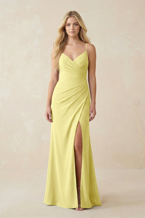 Ruched Sheath Spaghetti Strap Chiffon Bridesmaid Dress in Buttercup - KissProm BRIDESMAID DRESSES