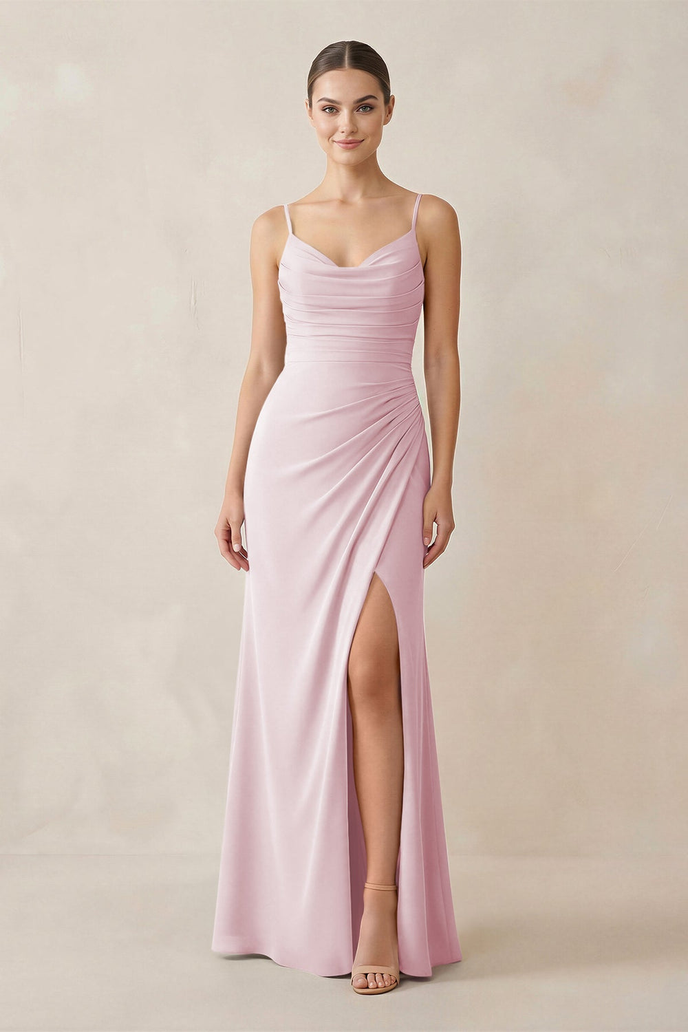 Ruched Sheath Spaghetti Strap Chiffon Bridesmaid Dress in Candy Pink - KissProm Bridesmaid Dresses