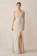 Ruched Sheath Spaghetti Strap Chiffon Bridesmaid Dress in Champagne - KissProm Bridesmaid Dresses