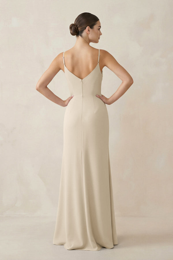 Ruched Sheath Spaghetti Strap Chiffon Bridesmaid Dress in Champagne - KissProm Bridesmaid Dresses