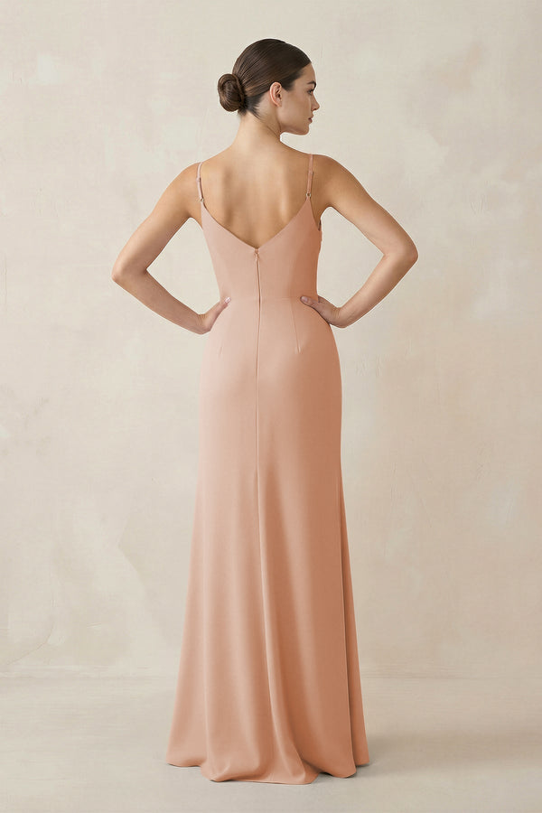 Ruched Sheath Spaghetti Strap Chiffon Bridesmaid Dress in Champagne Rose - KissProm Bridesmaid Dresses