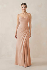 Ruched Sheath Spaghetti Strap Chiffon Bridesmaid Dress in Champagne Rose - KissProm Bridesmaid Dresses