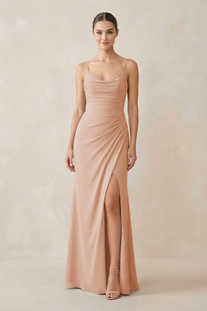 Ruched Sheath Spaghetti Strap Chiffon Bridesmaid Dress in Champagne Rose - KissProm Bridesmaid Dresses
