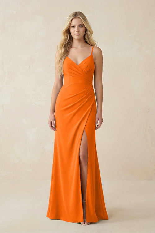 Ruched Sheath Spaghetti Strap Chiffon Bridesmaid Dress in Cinnamon - KissProm BRIDESMAID DRESSES
