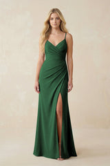 Ruched Sheath Spaghetti Strap Chiffon Bridesmaid Dress in Dark Green - KissProm BRIDESMAID DRESSES