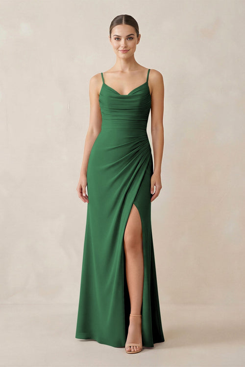 Ruched Sheath Spaghetti Strap Chiffon Bridesmaid Dress in Dark Green - KissProm Bridesmaid Dresses