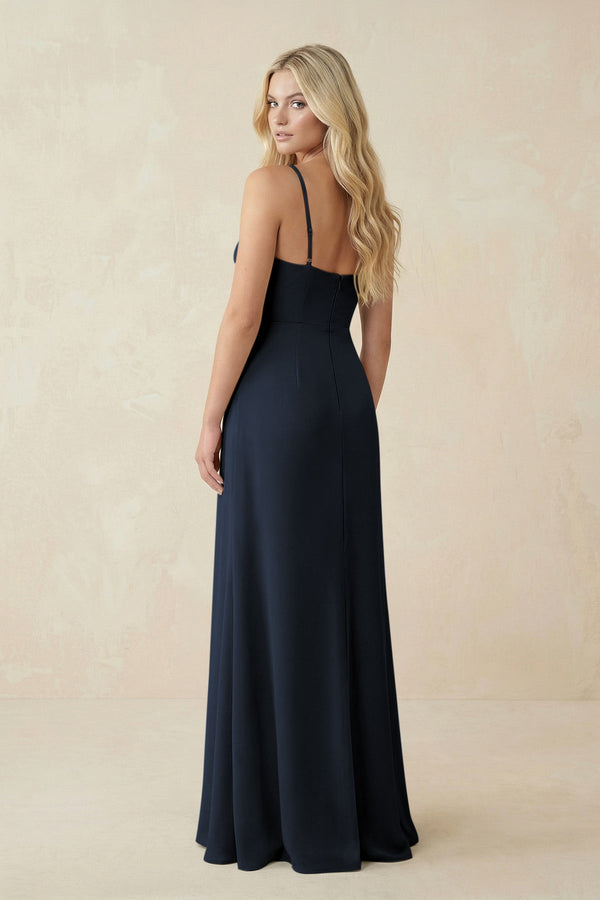Ruched Sheath Spaghetti Strap Chiffon Bridesmaid Dress in Dark Navy - KissProm BRIDESMAID DRESSES