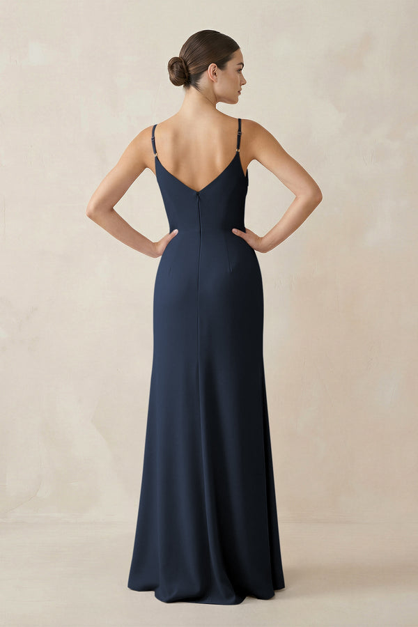 Ruched Sheath Spaghetti Strap Chiffon Bridesmaid Dress in Dark Navy - KissProm Bridesmaid Dresses