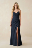 Ruched Sheath Spaghetti Strap Chiffon Bridesmaid Dress in Dark Navy - KissProm BRIDESMAID DRESSES