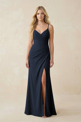 Ruched Sheath Spaghetti Strap Chiffon Bridesmaid Dress in Dark Navy - KissProm BRIDESMAID DRESSES