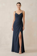 Ruched Sheath Spaghetti Strap Chiffon Bridesmaid Dress in Dark Navy - KissProm Bridesmaid Dresses