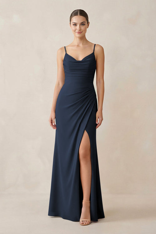 Ruched Sheath Spaghetti Strap Chiffon Bridesmaid Dress in Dark Navy - KissProm Bridesmaid Dresses