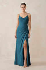 Ruched Sheath Spaghetti Strap Chiffon Bridesmaid Dress in Dark Teal - KissProm Bridesmaid Dresses