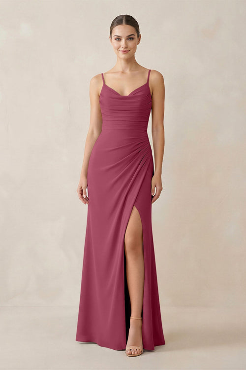 Ruched Sheath Spaghetti Strap Chiffon Bridesmaid Dress in Desert Rose - KissProm Bridesmaid Dresses