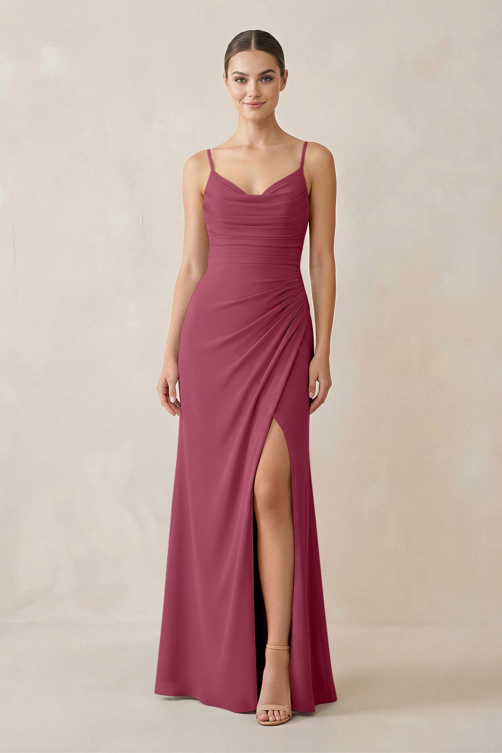 Ruched Sheath Spaghetti Strap Chiffon Bridesmaid Dress in Desert Rose - KissProm Bridesmaid Dresses