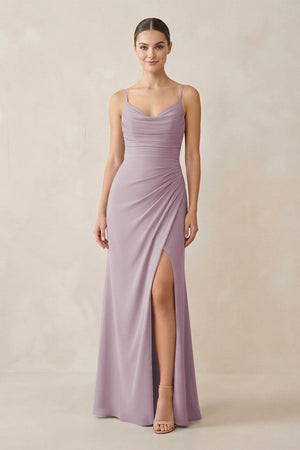 Ruched Sheath Spaghetti Strap Chiffon Bridesmaid Dress in Dusk - KissProm Bridesmaid Dresses