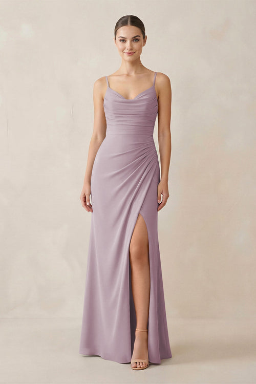 Ruched Sheath Spaghetti Strap Chiffon Bridesmaid Dress in Dusk - KissProm Bridesmaid Dresses