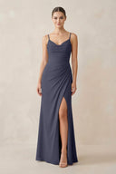Ruched Sheath Spaghetti Strap Chiffon Bridesmaid Dress in Dusk Blue - KissProm Bridesmaid Dresses