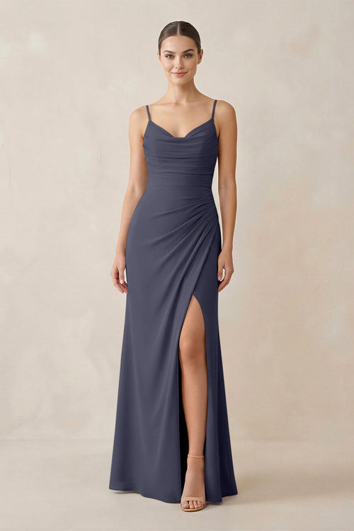 Ruched Sheath Spaghetti Strap Chiffon Bridesmaid Dress in Dusk Blue - KissProm Bridesmaid Dresses