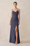 Ruched Sheath Spaghetti Strap Chiffon Bridesmaid Dress in Dusk Blue - KissProm Bridesmaid Dresses