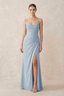 Ruched Sheath Spaghetti Strap Chiffon Bridesmaid Dress in Dusty Blue - KissProm Bridesmaid Dresses