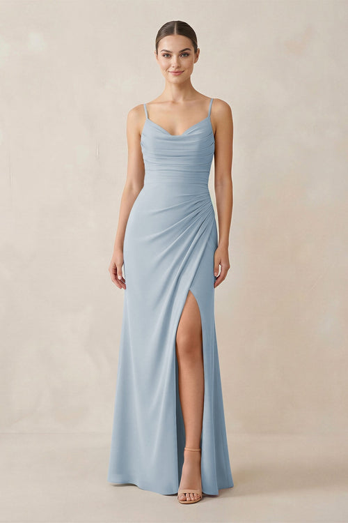 Ruched Sheath Spaghetti Strap Chiffon Bridesmaid Dress in Dusty Blue - KissProm Bridesmaid Dresses