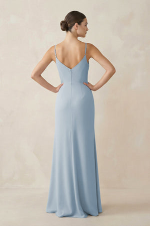 Ruched Sheath Spaghetti Strap Chiffon Bridesmaid Dress in Dusty Blue - KissProm Bridesmaid Dresses