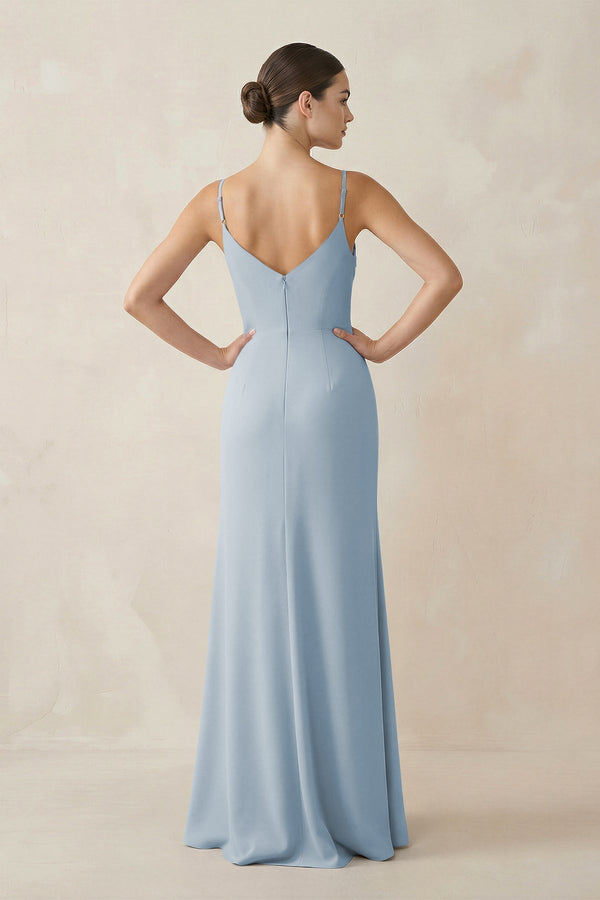 Ruched Sheath Spaghetti Strap Chiffon Bridesmaid Dress in Dusty Blue - KissProm Bridesmaid Dresses