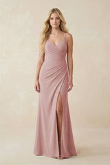 Ruched Sheath Spaghetti Strap Chiffon Bridesmaid Dress in Dusty Rose - KissProm BRIDESMAID DRESSES