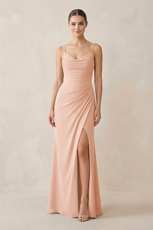 Ruched Sheath Spaghetti Strap Chiffon Bridesmaid Dress in English Rose - KissProm Bridesmaid Dresses