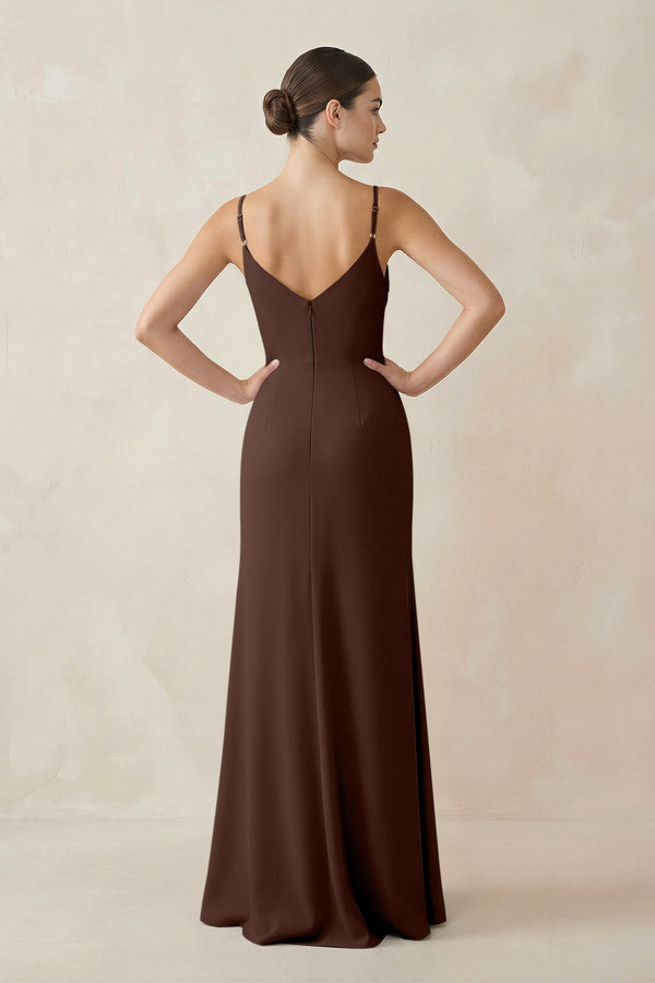 Ruched Sheath Spaghetti Strap Chiffon Bridesmaid Dress in Espresso - KissProm Bridesmaid Dresses