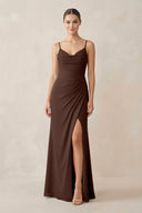 Ruched Sheath Spaghetti Strap Chiffon Bridesmaid Dress in Espresso - KissProm Bridesmaid Dresses
