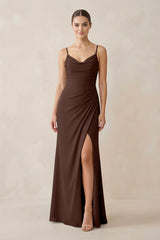 Ruched Sheath Spaghetti Strap Chiffon Bridesmaid Dress in Espresso - KissProm Bridesmaid Dresses