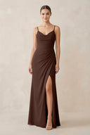 Ruched Sheath Spaghetti Strap Chiffon Bridesmaid Dress in Espresso - KissProm Bridesmaid Dresses