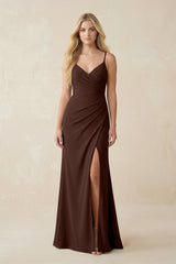 Ruched Sheath Spaghetti Strap Chiffon Bridesmaid Dress in Espresso - KissProm BRIDESMAID DRESSES