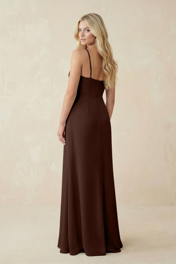 Ruched Sheath Spaghetti Strap Chiffon Bridesmaid Dress in Espresso - KissProm BRIDESMAID DRESSES