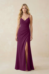 Ruched Sheath Spaghetti Strap Chiffon Bridesmaid Dress in Fig - KissProm BRIDESMAID DRESSES