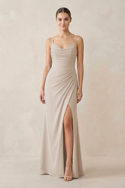 Ruched Sheath Spaghetti Strap Chiffon Bridesmaid Dress in Frost - KissProm Bridesmaid Dresses