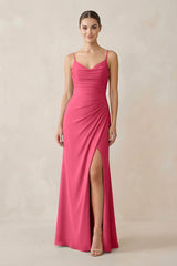Ruched Sheath Spaghetti Strap Chiffon Bridesmaid Dress in Fuchsia - KissProm Bridesmaid Dresses