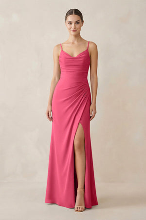 Ruched Sheath Spaghetti Strap Chiffon Bridesmaid Dress in Fuchsia - KissProm Bridesmaid Dresses
