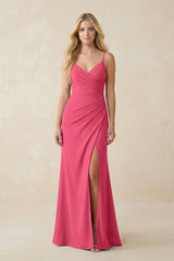 Ruched Sheath Spaghetti Strap Chiffon Bridesmaid Dress in Fuchsia - KissProm BRIDESMAID DRESSES