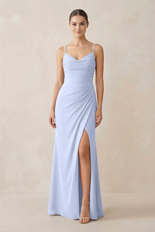 Ruched Sheath Spaghetti Strap Chiffon Bridesmaid Dress in Ice - KissProm Bridesmaid Dresses