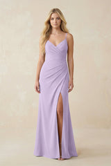 Ruched Sheath Spaghetti Strap Chiffon Bridesmaid Dress in Lavender - KissProm BRIDESMAID DRESSES