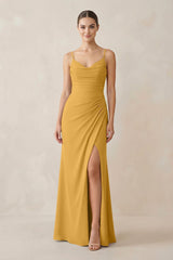 Ruched Sheath Spaghetti Strap Chiffon Bridesmaid Dress in Marigold - KissProm Bridesmaid Dresses